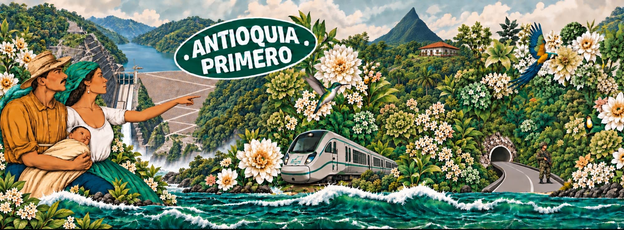 Emblema Antioquia Primero: una familia campesina señala la presa de Hidroituango entre montañas verdes; alrededor, un tren, un túnel con un soldado, el mar, flores, un colibrí y una guacamaya