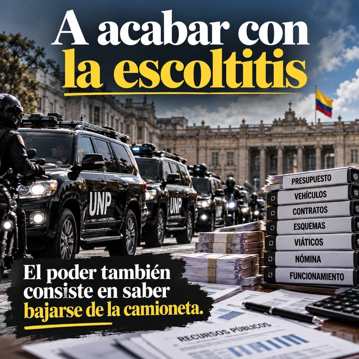 Pieza gráfica: una caravana de camionetas negras de la UNP y escoltas en moto frente al Capitolio Nacional, junto a carpetas de presupuesto, vehículos, contratos y viáticos; titular «A acabar con la escoltitis» y la frase «El poder también consiste en saber bajarse de la camioneta»