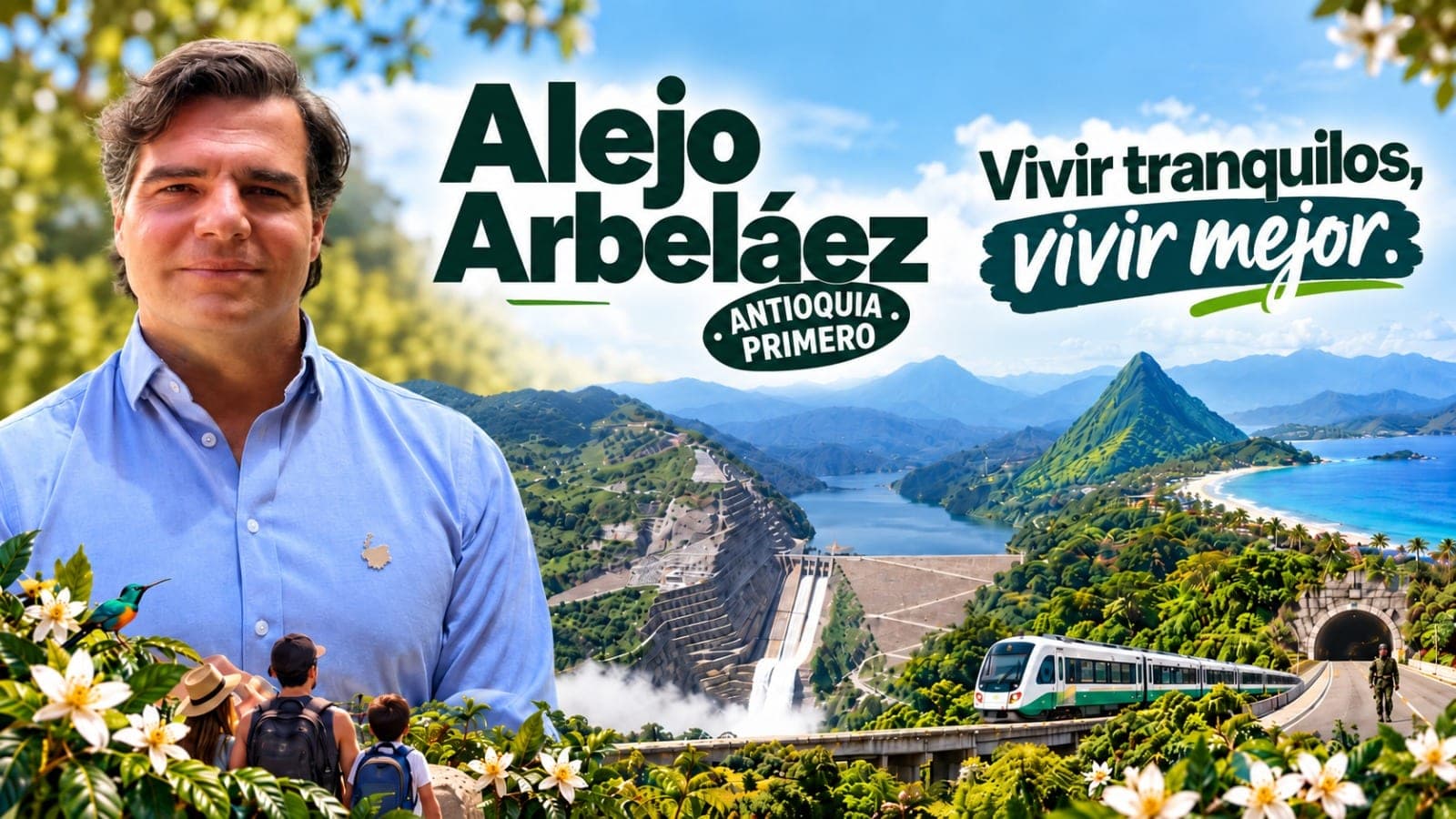 Pieza gráfica: Alejandro Arbeláez A. con camisa azul junto al lema «Vivir tranquilos, vivir mejor» y el sello «Antioquia Primero»; detrás, la presa de Hidroituango, montañas, el mar de Urabá, un tren y un túnel, y una familia de espaldas entre flores de café