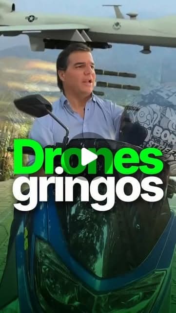 Alejandro Arbeláez A. junto a un dron militar; texto «Drones gringos»