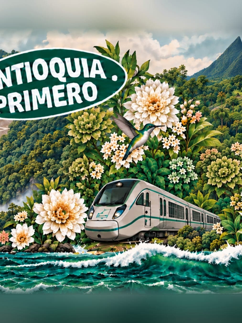 Ilustración de un tren moderno entre flores, selva y mar, bajo el sello «Antioquia Primero»