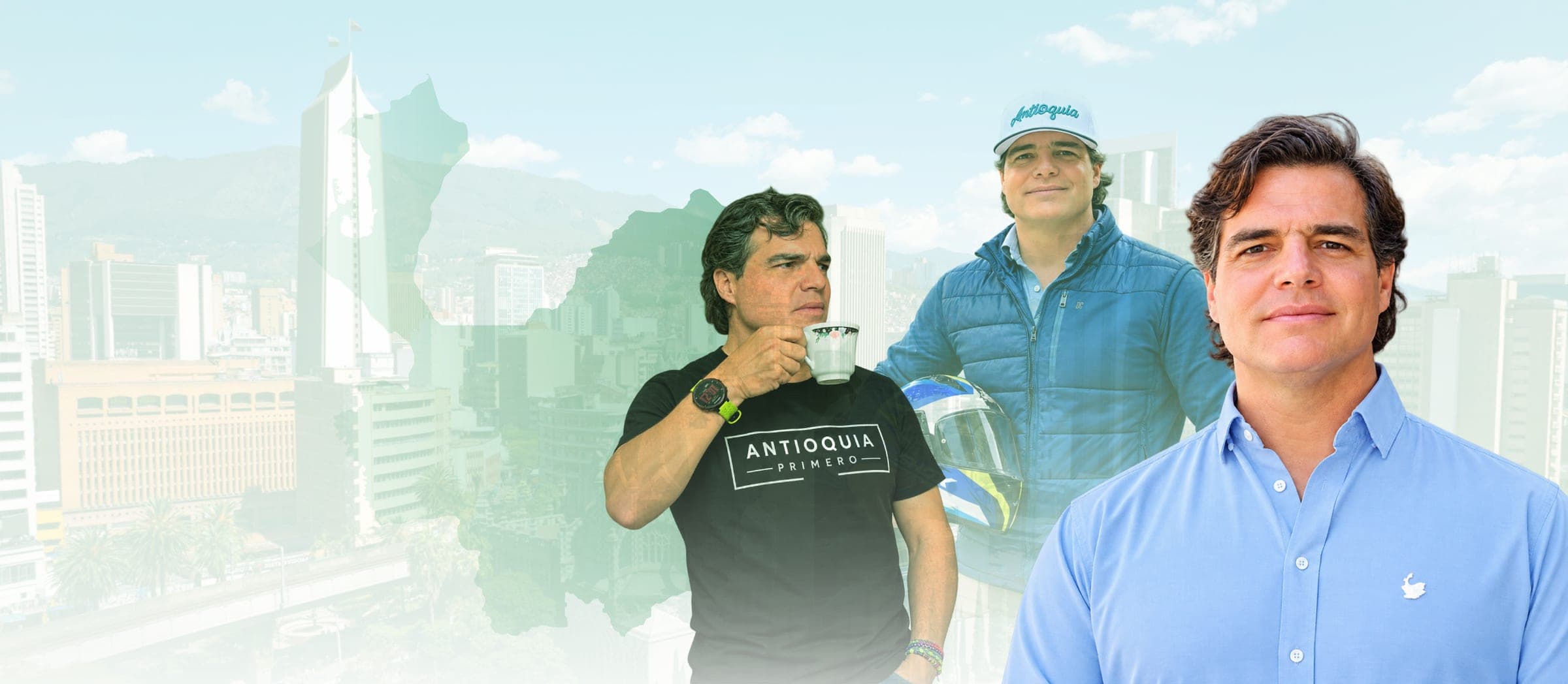 Tres fotos de Alejandro Arbeláez A. sobre Medellín y el mapa de Antioquia: tomando café con la camiseta «Antioquia Primero», con chaqueta azul, gorra de Antioquia y un casco de moto, y de frente con camisa azul